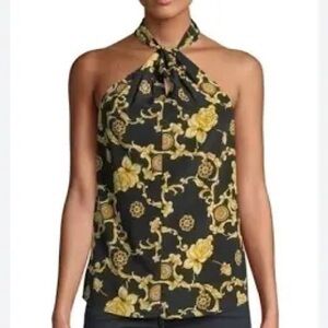 Veronica Beard Adela Print Silk Baroque Keyhole Sleeveless Halter Top Blouse